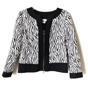 MAGGY LONDON-Black White Zebra Print Zip-Up Jacket